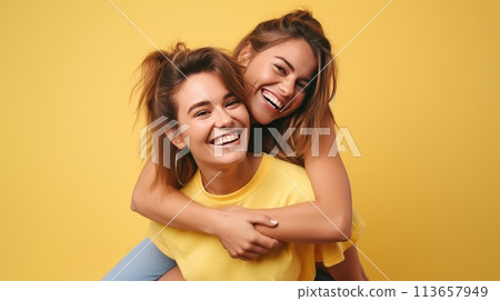 Two young women, dressed casually in t-shirts and jeans, are giving each other a piggyback ride 113657949