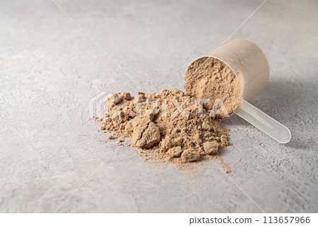 Protein powder and protein drinks, with scoops. Food supplement, copy space 113657966