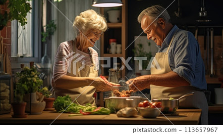 Elderly couple cooking in a kitchen. An elderly couple is cooking in their kitchen and enjoying it 113657967