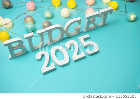 Budget 2025 alphabet letters with LED cotton balls decoration on blue background 113658105