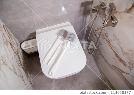 Silicone brushes for cleaning the toilet lie on the lid of the wall-hung toilet. The concept of care and cleaning the toilet from dirt and bacteria. Gray stoneware tiles on the walls. Copy space for Silicone brushes for cleaning the toilet lie on the lid of the wall-hung toilet. The concept of care and cleaning the toilet from dirt and bacteria. Gray stoneware tiles on the walls. Copy space for 113658377