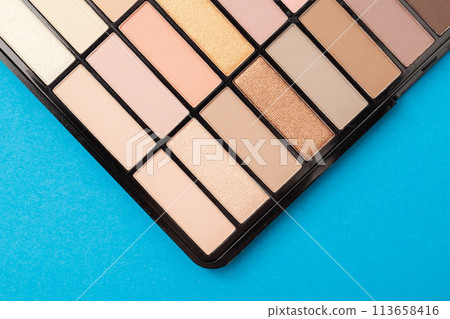 Modern trendy set of eye shadows on a blue background. Soft texture of shadows with a powdery tint. High-quality cosmetics for girls, close-up, Copy space for text Modern trendy set of eye shadows on a blue background. Soft texture of shadows with a powdery tint. High-quality cosmetics for girls, close-up, Copy space for text 113658416