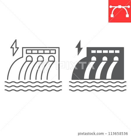 Hydro power line and glyph icon, ecology and hydroelectricity, hydroelectric station vector icon, vector graphics, editable stroke outline sign, eps 10. 113658536
