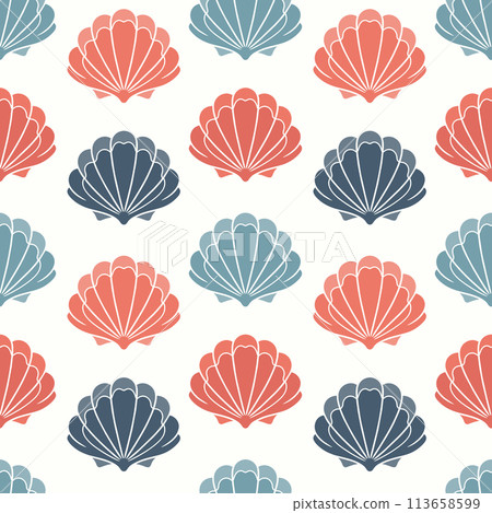 Seamless pattern from seashells. Seashells in pastel colors on a white background. Vector 113658599