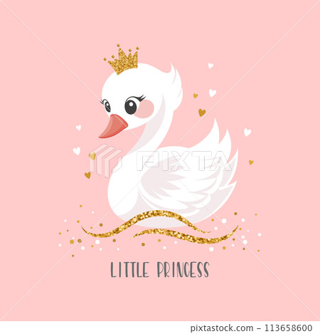 Little swan princess with a golden crown on a pink background. Cute illustration for fashion print, greeting cards, nursery bedroom decoration. Vector 113658600