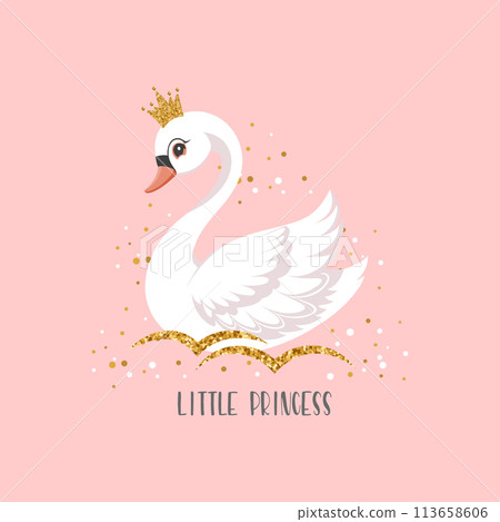 Little swan princess with a golden crown on a pink background. Cute illustration for fashion print, greeting cards, nursery bedroom decoration. Vector Little swan princess with a golden crown on a pink background. Cute illustration for fashion print, greeting cards, nursery bedroom decoration. Vector 113658606