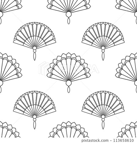 Seamless background of paper fans. Background from a hand fan. Silhouettes of Chinese, Japanese paper folding fans, traditional Asian jewelry. Vector 113658610