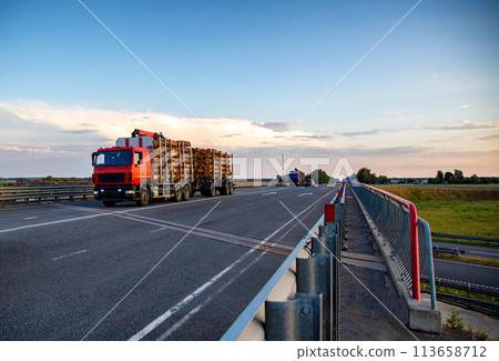 Two modern logging trucks transport round logs along the highway in the summer evening. Logging as a business, wood price, industry. Copy space for text Two modern logging trucks transport round logs along the highway in the summer evening. Logging as a business, wood price, industry. Copy space for text 113658712