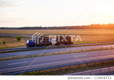 A blue logging truck transports round pine logs against the backdrop of sunset in the evening. Wood import and export concept. Logging as a business, industry. Copy space for text A blue logging truck transports round pine logs against the backdrop of sunset in the evening. Wood import and export concept. Logging as a business, industry. Copy space for text 113658713