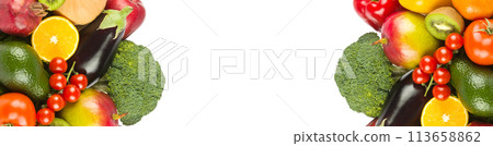 Set of vegetables and fruits isolated on a white. Wide photo. There is free space for text. Collage. 113658862