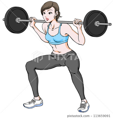 年輕女子做槓鈴深蹲 年輕女子做槓鈴深蹲 113659091