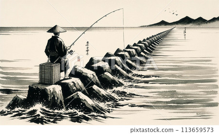 享受釣魚的男人的墨水畫 113659573