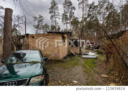 Irpin, Kyev region Ukraine - 09.04.2022: Cities of Ukraine after the Russian occupation. Houses that burned down after being hit by rockets, mines. Irpin, Bucha, Gostomel. Irpin, Kyev region Ukraine - 09.04.2022: Cities of Ukraine after the Russian occupation. Houses that burned down after being hit by rockets, mines. Irpin, Bucha, Gostomel. 113659819