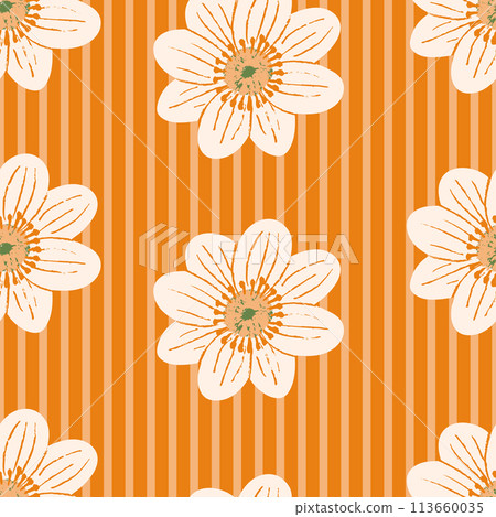 Floral vector seamless pattern. Modern white flowers on bright orange background with stripes. Vibrant summer flowers hand drawn with brush texture. Joyful design for fabrics, wallpaper, print Floral vector seamless pattern. Modern white flowers on bright orange background with stripes. Vibrant summer flowers hand drawn with brush texture. Joyful design for fabrics, wallpaper, print 113660035