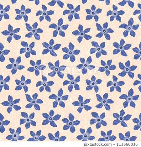 Floral seamless pattern. Ditsy purple flowers on textured pastel peach background. Cute abstract floral motif with sparkle texture. Summer blooming design for textile, fabrics, stationary, wrapping Floral seamless pattern. Ditsy purple flowers on textured pastel peach background. Cute abstract floral motif with sparkle texture. Summer blooming design for textile, fabrics, stationary, wrapping 113660036