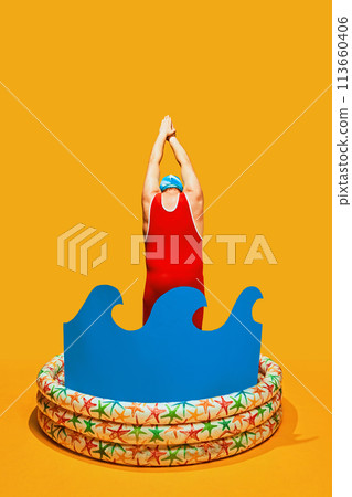 Rear view of man stands in children's pool with abstract water and posing in diving position against yellow studio background. 113660406
