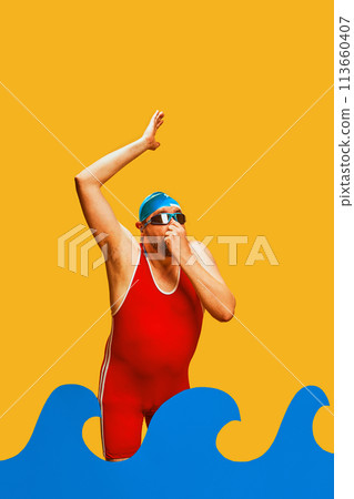 Man in swimming attire covered nose diving to children's pool with abstract water against yellow studio background. Man in swimming attire covered nose diving to children's pool with abstract water against yellow studio background. 113660407