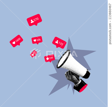 Vector illustration. Contemporary art collage. Hand with megaphone spreading social media likes against purple background. Vector illustration. Contemporary art collage. Hand with megaphone spreading social media likes against purple background. 113660467