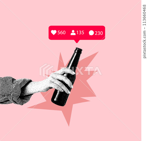 Vector illustration. Art collage. Hand holding beer bottle with social media like, follower and comment icons against pink background. Vector illustration. Art collage. Hand holding beer bottle with social media like, follower and comment icons against pink background. 113660468