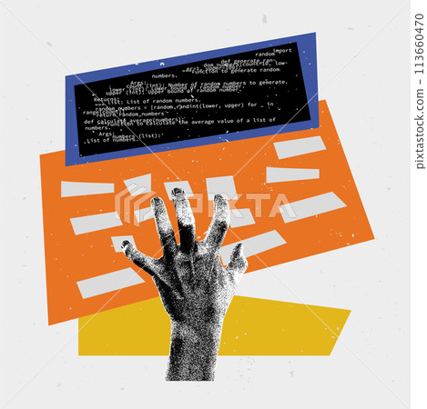 Vector illustration. Contemporary art collage. Male hand fast typing on keyboard, developing code, securing information. Vector illustration. Contemporary art collage. Male hand fast typing on keyboard, developing code, securing information. 113660470