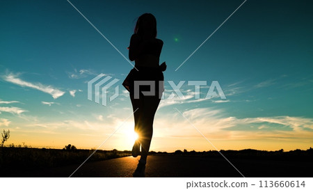 silhouette sports girl running legs along road sunset, joggers park, triathlon competition, sport leisure fitness, healthy running concept, fitness sports woman running up, you can run fast, cardio silhouette sports girl running legs along road sunset, joggers park, triathlon competition, sport leisure fitness, healthy running concept, fitness sports woman running up, you can run fast, cardio 113660614