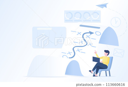 Business ideas concept. Arrow pointing to growth management strategy, tactical plan, set direction, marketing goal, analysis database.  Flat vector design illustration. 113660616