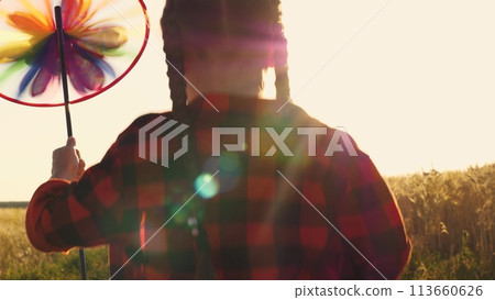 the pinwheel begins to play, child kid runs through park windmill hands, smile face, hand spinning sun, children dream, happy little girl child kid playing with a windmill at sunset, children running 113660626