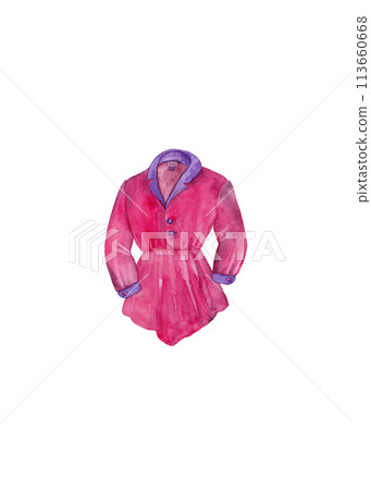 Bright blouse with an elasticated waist and flounce. 80s style. Purple and hot pink tones. Isolated watercolor illustration of a fashionable girl's clothing item Bright blouse with an elasticated waist and flounce. 80s style. Purple and hot pink tones. Isolated watercolor illustration of a fashionable girl's clothing item 113660668
