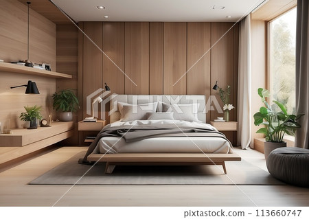 Interior of modern bedroom with wooden walls, wooden floor, comfortable king size bed with white linen and wooden wardrobe Interior of modern bedroom with wooden walls, wooden floor, comfortable king size bed with white linen and wooden wardrobe 113660747