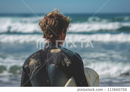 Surfer looks at the ocean while holding his surfboard at the beach. Ai generative 113660788