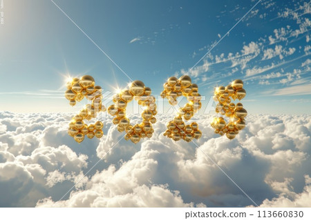 Golden helium balloons forming the year 2025 against a backdrop of clouds and bright sunlight 113660830