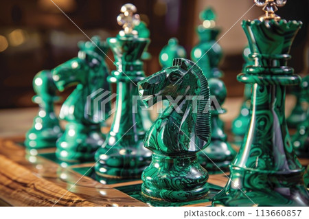 Shiny malachite green chess pieces displayed on wooden chessboard, depicting leisure and strategic thinking Shiny malachite green chess pieces displayed on wooden chessboard, depicting leisure and strategic thinking 113660857