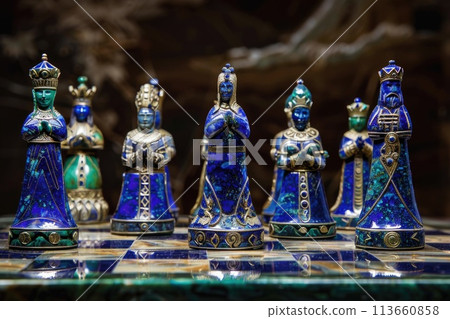 Intricately designed cobalt blue and emerald green chess set on reflective surface, symbolizing strategy and competition 113660858