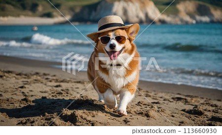 Happy cute domestic corgi dog on the sand on a tropical beach near the sea ocean, on vacation, tourism concept. 113660930