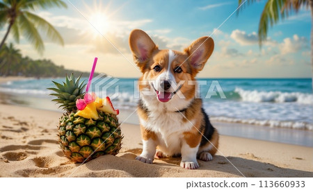 Happy cute domestic corgi dog on the sand on a tropical beach near the sea ocean, on vacation, tourism concept. 113660933