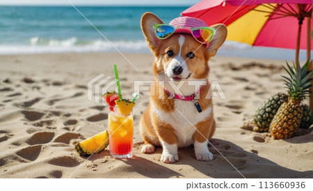 Happy cute domestic corgi dog on the sand on a tropical beach near the sea ocean, on vacation, tourism concept. 113660936
