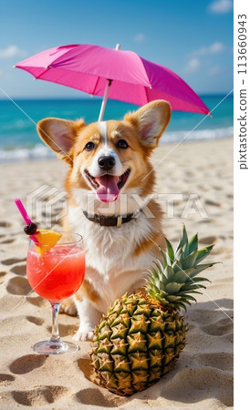 Happy cute domestic corgi dog on the sand on a tropical beach near the sea ocean, on vacation, tourism concept. 113660943