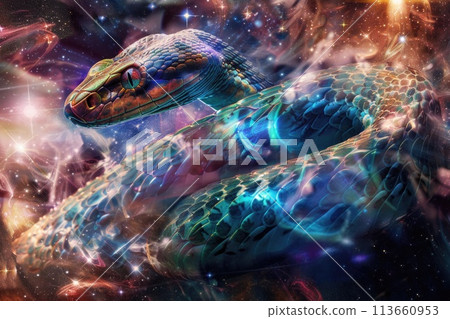 Fantasy Snake Glowing with Neon Lights against a Cosmic Space Background 113660953