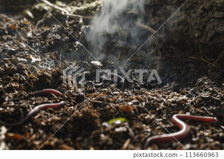 Earthworms Emerging from Fertile Soil with Fresh Leaves and Steam in Garden 113660963