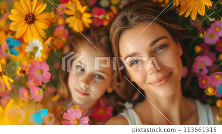 Two Young Girls Standing in a Field of Flowers 113661315