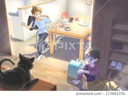 「匆匆吃完早餐去學校，趕到門口以免遲到」_有人物_無BG主線 113661356