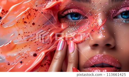 page cover design for nails and lips makeup . Women face 113661425