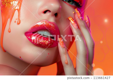 page cover design for nails and lips makeup . Women face 113661427