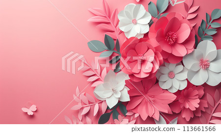 Paper Flowers Arrangement on Pink Background Paper Flowers Arrangement on Pink Background 113661566