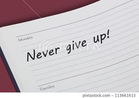 Never give up reminder message in an open diary Never give up reminder message in an open diary 113661615