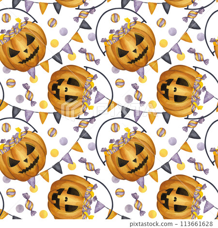 Halloween seamless pattern Jack o Lantern, carved orange pumpkin, bucket sweet candy, garland flags. Cartoon clipart. Hand drawn watercolor illustration background. For textile design, wrapping paper. 113661628