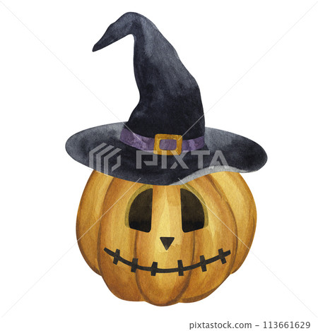 Halloween Jack o Lantern in black witch hat, carved orange pumpkin illuminating the way. Cartoon clipart, simple spooky picture. Hand drawn watercolor illustration isolated on white background 113661629