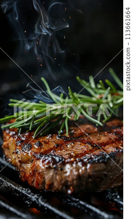 Closeup of a succulent grilled beef steak, seasoned with rosemary and served with a drizzle of balsamic sauce, presented against a dark background for a dramatic effect. 113661664