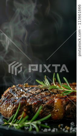 Closeup of a succulent grilled beef steak, seasoned with rosemary and served with a drizzle of balsamic sauce, presented against a dark background for a dramatic effect. 113661666