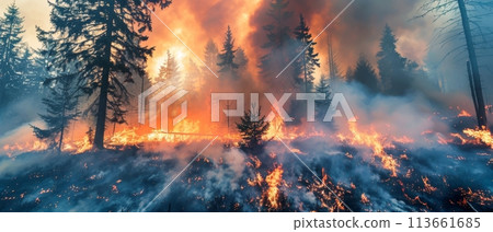 A massive, out-of-control forest fire burns through the trees, with flames and thick smoke filling the sky in a dramatic, apocalyptic scene. 113661685
